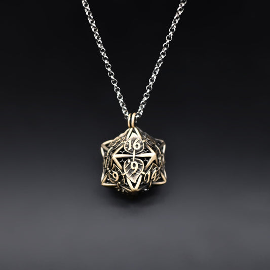 Leaflock | Ancient Gold D20 Pendant Necklace with Mini Metal Dice