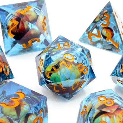 7 Piece Set | Blue & Orange Dragon Eye | Moving Eyeball | Liquid Core Dice