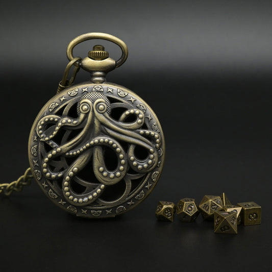 Brass Octopus Pocket Watch Case with Mini Dice