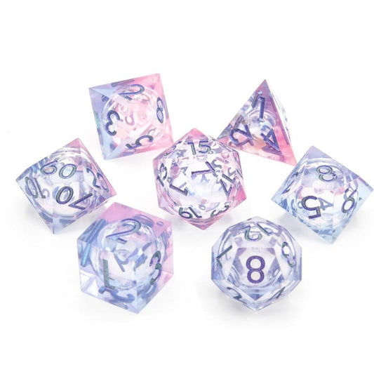 Seelie Fae Pink, Purple Sharp Edge Liquid Core Resin D&D Dice Set With Metallic Blue Numbering - For Dungeons and Dragons - Gift Set