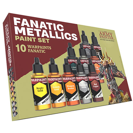Images of the packaging and included items within the The Army Painter | Warpaints Fanatic Metallics Paint Set product