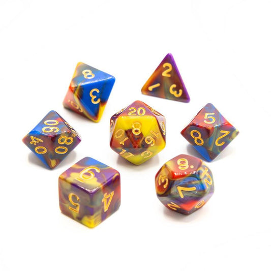 Swirling Red, Blue, Yellow & Green | Gold Numbers | 7 Piece Acrylic Dice Set