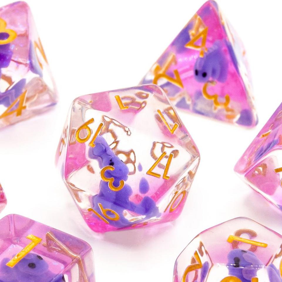 Purple T-Rex | Resin Inclusion Dice | 7 Piece Set