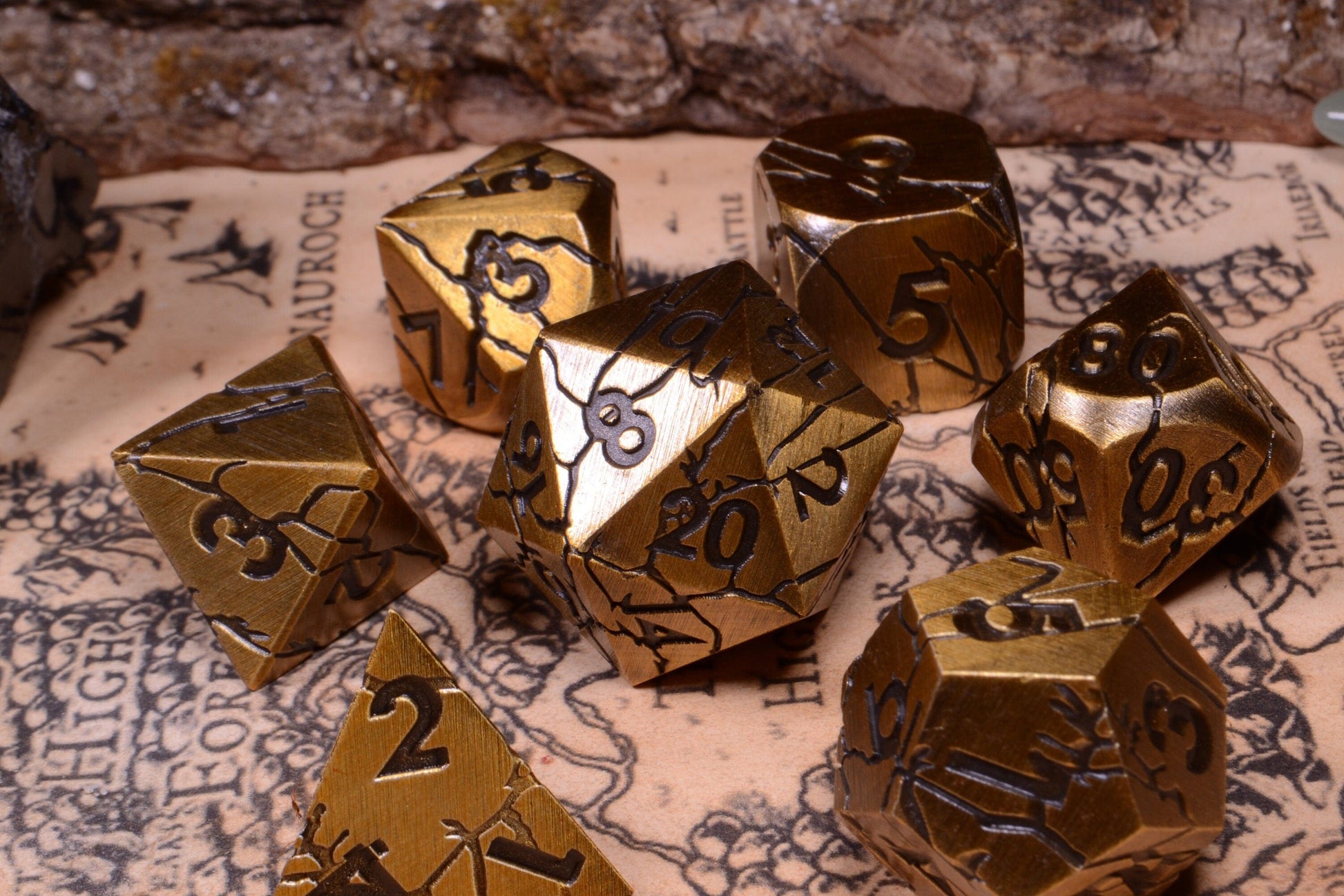 Plated Prisoner - Gold Cracked Metal D&D Dice Set With Engraved Numbering - For Dungeons and Dragons
