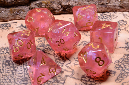 Ethereal Fae - Pink/Orange/Red/Purple Soft Edge Resin D&D Dice Set With Gold Numbering - For Dungeons and Dragons - Gift Set