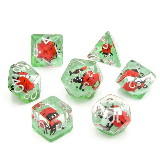 Red Ladybugs | Resin Inclusion Dice | 7 Piece Set