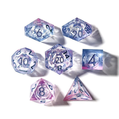 Seelie Fae Pink, Purple Sharp Edge Liquid Core Resin D&D Dice Set With Metallic Blue Numbering - For Dungeons and Dragons - Gift Set
