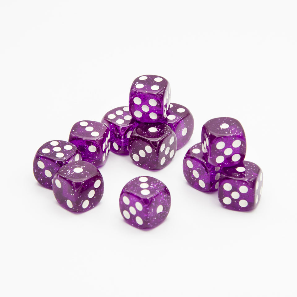 16mm D6 | Transparent Glint Purple | Round Edge | 12 Pack