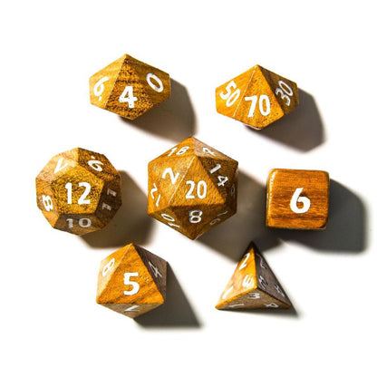 Zebra Wood with White Ink | Wooden Dice | 7 Piece Set