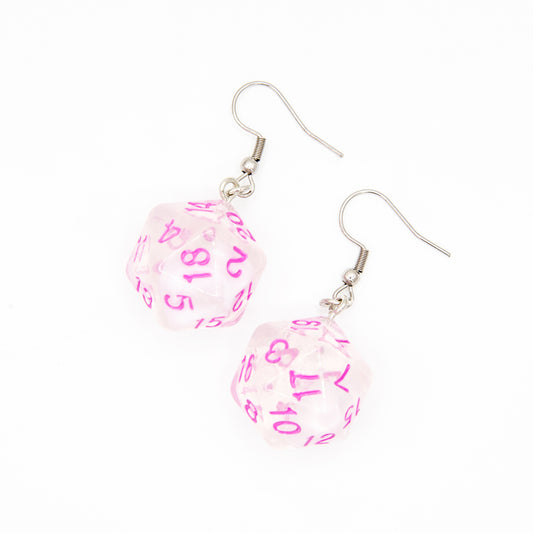 D20 Earrings | Clear with Pink Font