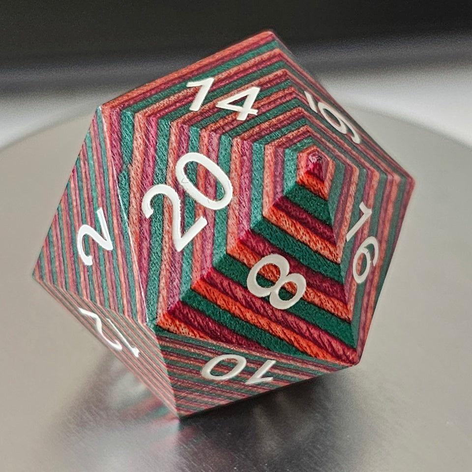 Green / Red / Orange | Wooden D20 Chonk | Large D20 | 33mm