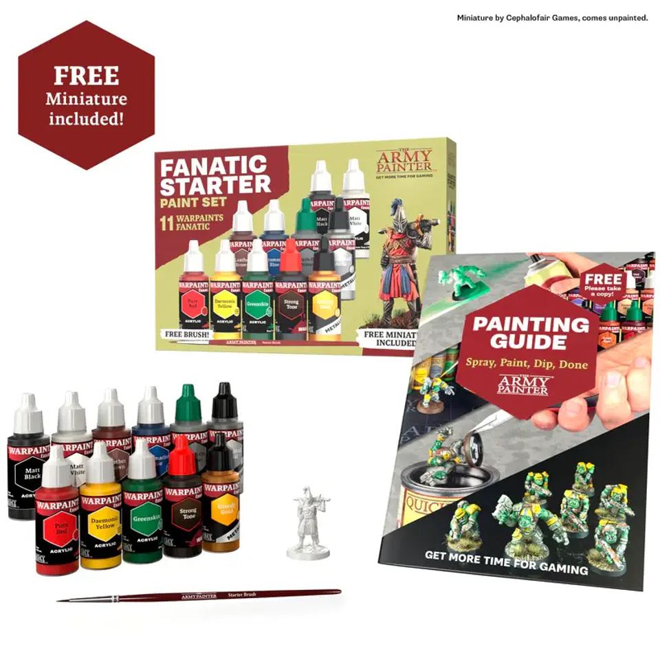 Images of the packaging and included items within the The Army Painter | Warpaints Fanatic Starter Set product