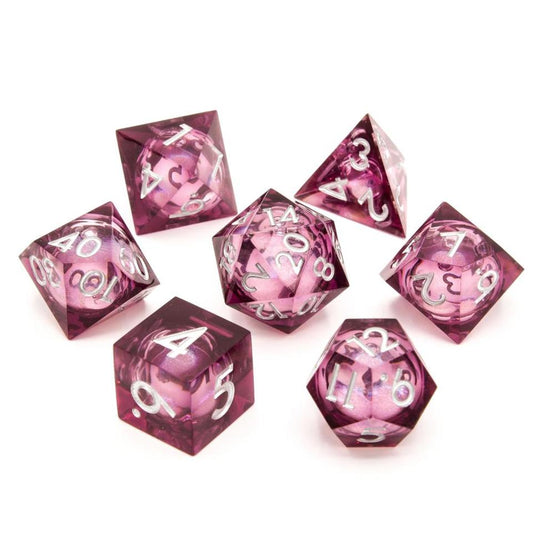 Moonbeam Pink Liquid-Core Sharp Edge Resin D&D Dice Set With Silver Numbering - For Dungeons and Dragons - Gift Set