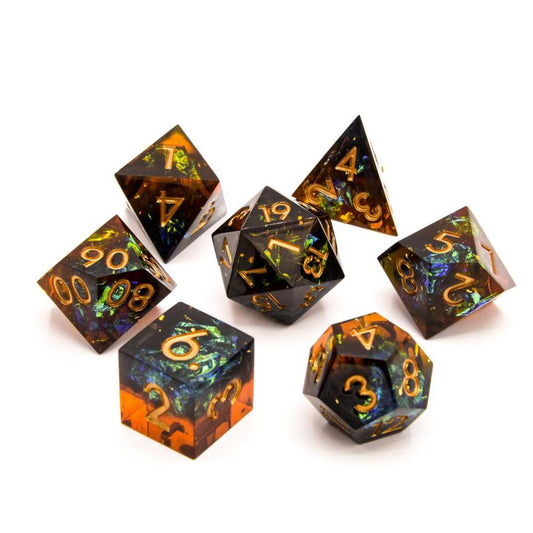Sharp Edge Resin DnD Dice Set - Archer's Dream Orange, Green, Black Copper Numbers - For Dungeons and Dragons - Gift