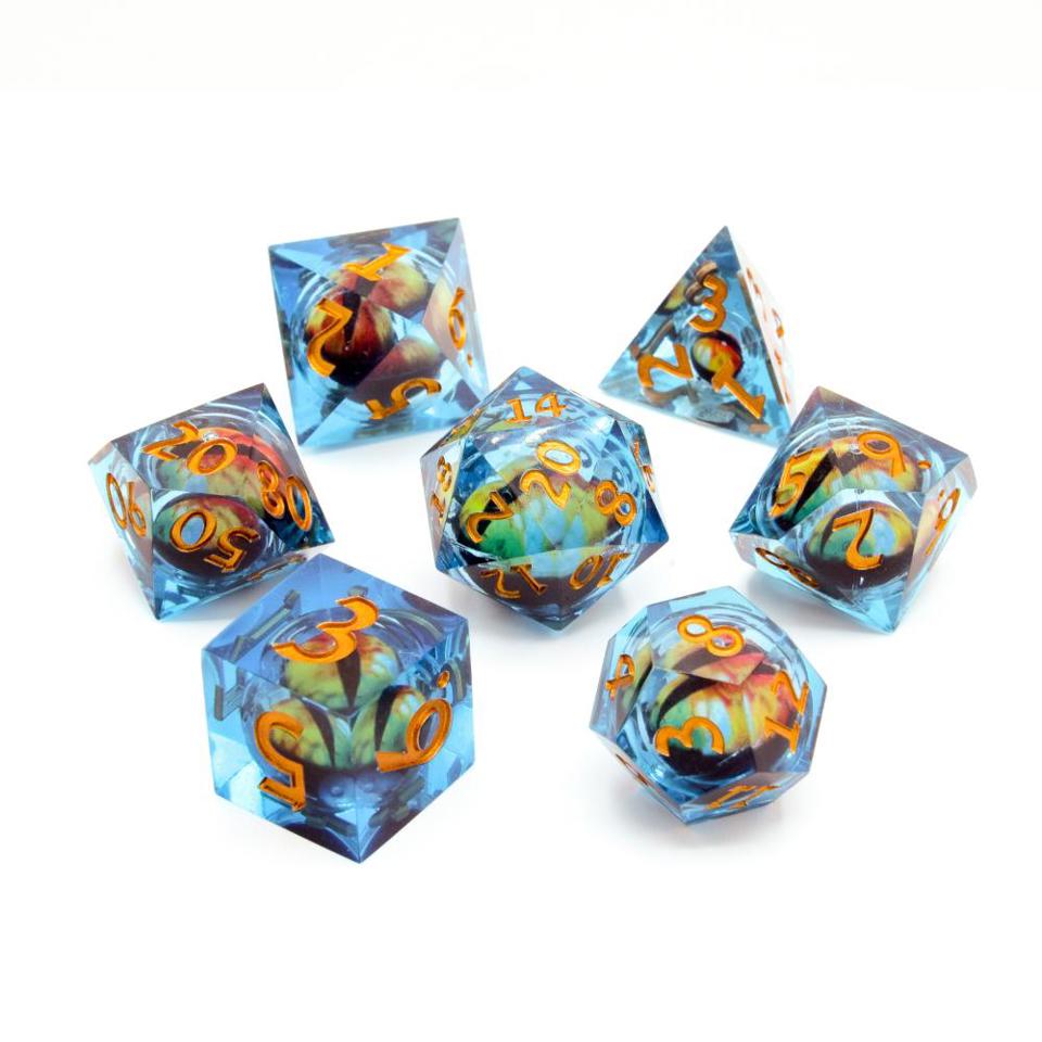 7 Piece Set | Blue & Orange Dragon Eye | Moving Eyeball | Liquid Core Dice