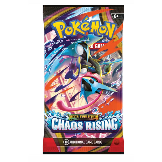 Pokémon Chaos Rising booster pack featuring dynamic Mega Evolution artwork and colourful trading card game packaging.