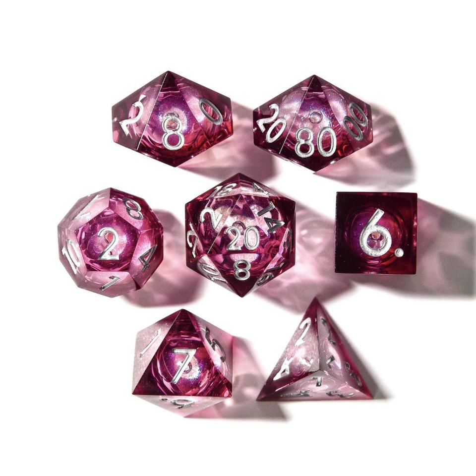 Moonbeam Pink Liquid-Core Sharp Edge Resin D&D Dice Set With Silver Numbering - For Dungeons and Dragons - Gift Set