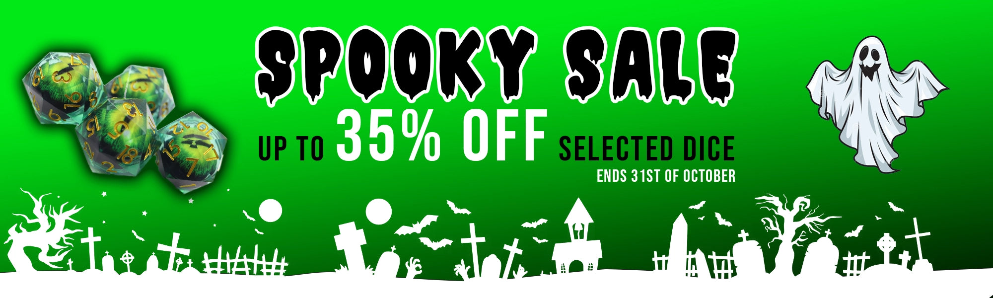 A green and black banner with halloween themed assests for tabletop dominions spooky Halloween sale