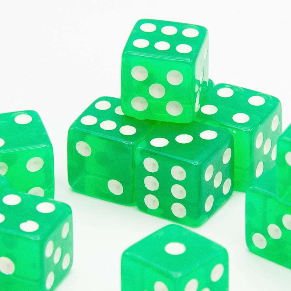 16mm D6 | Transparent Green | Square Edge | 12 Pack