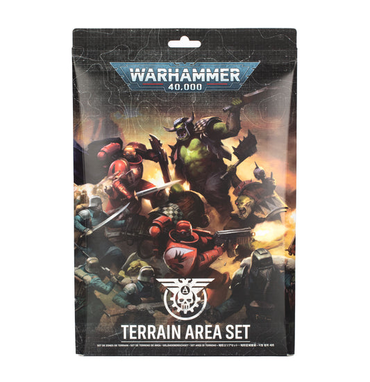 Warhammer 40,000 Terrain Area Set box featuring Space Marines battling Orks in a dynamic battlefield scene.
