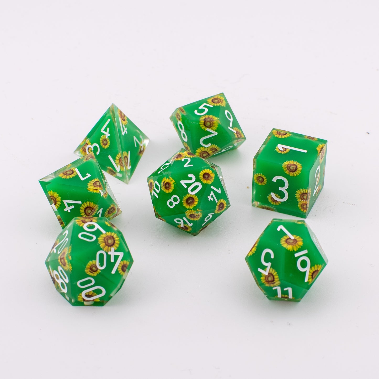 Unseen Strength | Sunflower Art Core Resin DND Dice Set | Sharp Edge | 7 Piece Set