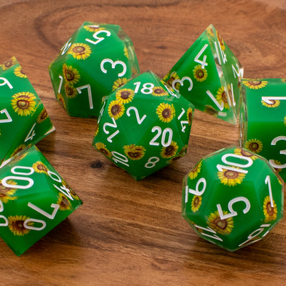 Unseen Strength | Sunflower Art Core Resin DND Dice Set | Sharp Edge | 7 Piece Set