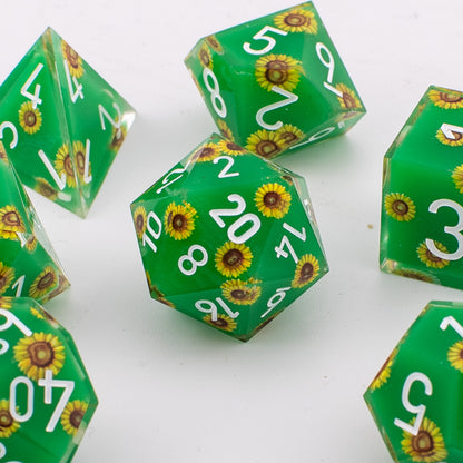 Unseen Strength | Sunflower Art Core Resin DND Dice Set | Sharp Edge | 7 Piece Set