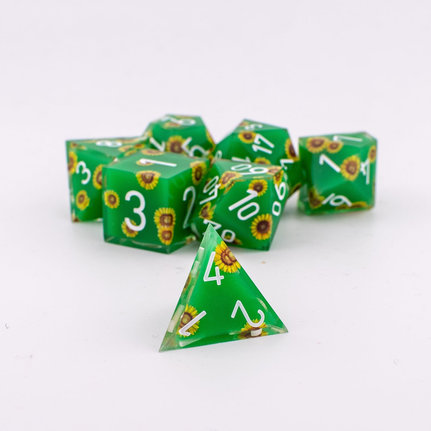 Unseen Strength | Sunflower Art Core Resin DND Dice Set | Sharp Edge | 7 Piece Set