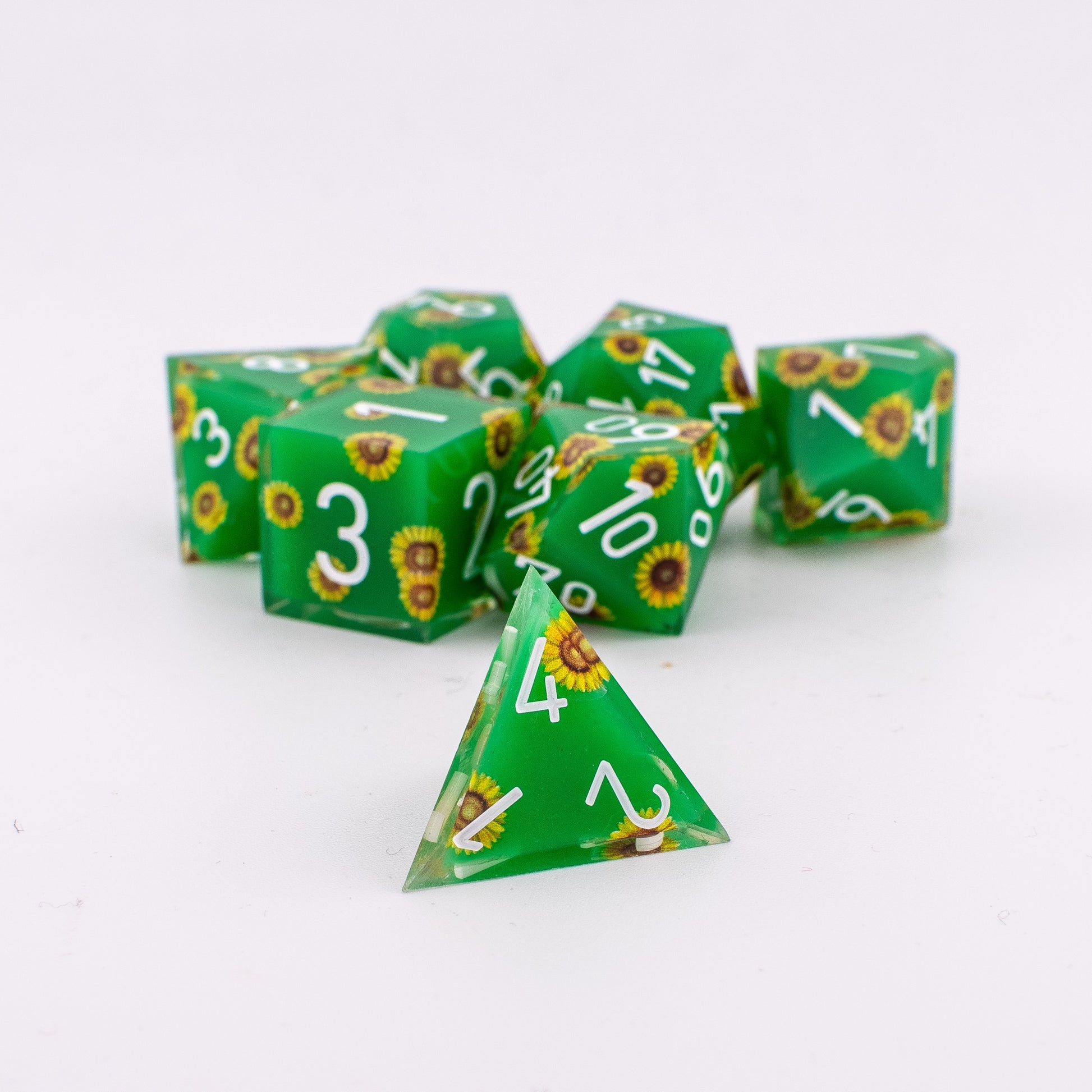 Unseen Strength | Sunflower Art Core Resin DND Dice Set | Sharp Edge | 7 Piece Set