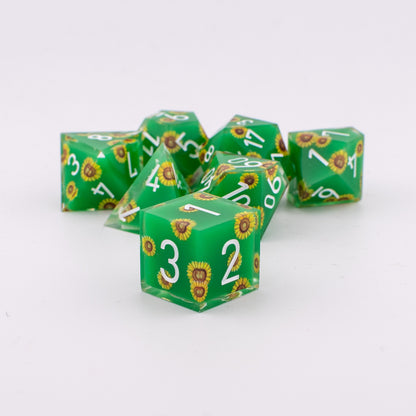 Unseen Strength | Sunflower Art Core Resin DND Dice Set | Sharp Edge | 7 Piece Set