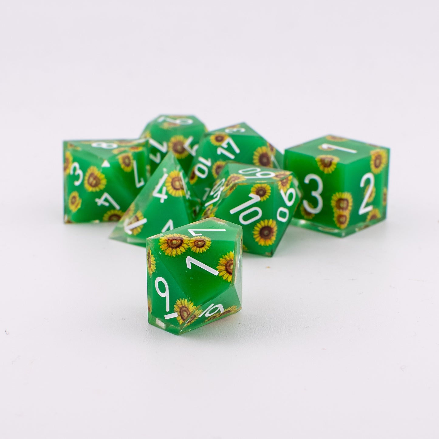 Unseen Strength | Sunflower Art Core Resin DND Dice Set | Sharp Edge | 7 Piece Set