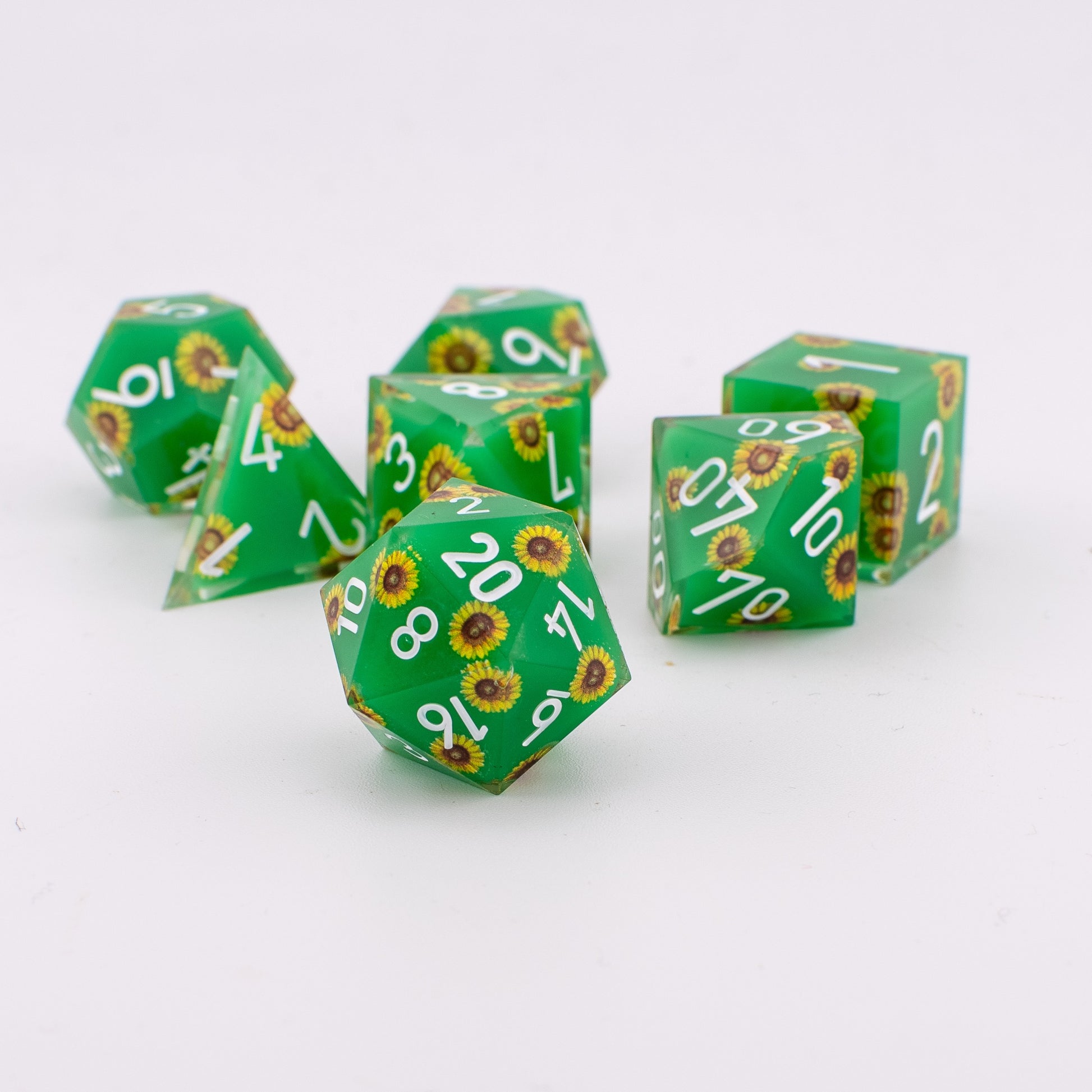 Unseen Strength | Sunflower Art Core Resin DND Dice Set | Sharp Edge | 7 Piece Set