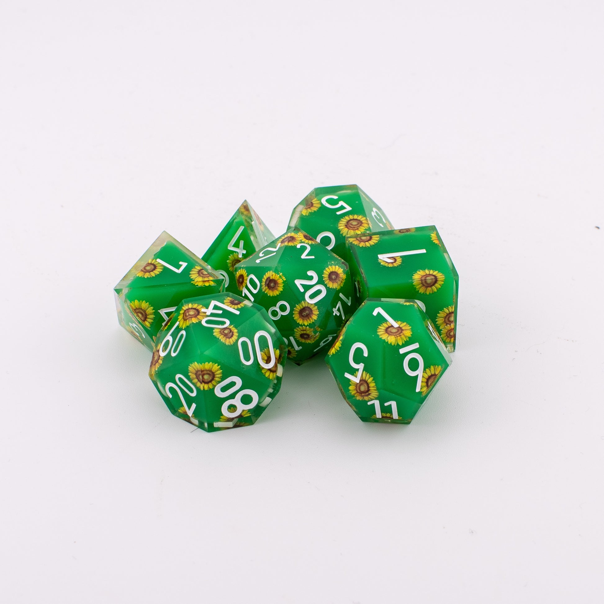Unseen Strength | Sunflower Art Core Resin DND Dice Set | Sharp Edge | 7 Piece Set