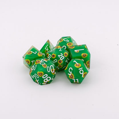 Unseen Strength | Sunflower Art Core Resin DND Dice Set | Sharp Edge | 7 Piece Set