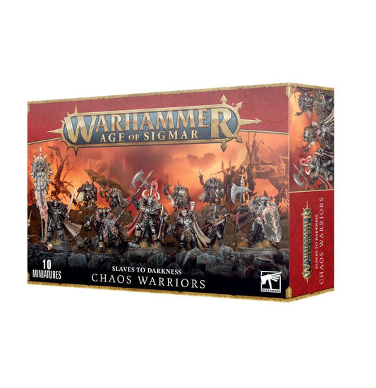 Slaves to Darkness Chaos Warriors box showing ten armoured Warhammer Age of Sigmar miniatures on a fiery battlefield backdrop.