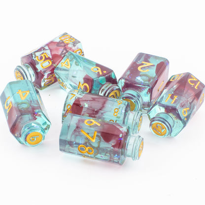Tabletop Dominion Blood Alchemist potion bottle dice shown loose, in a pile together, with red ink accents