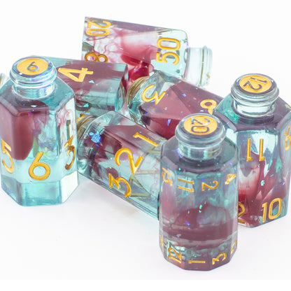 Tabletop Dominion Blood Alchemist potion bottle dice shown grouped together on a white background
