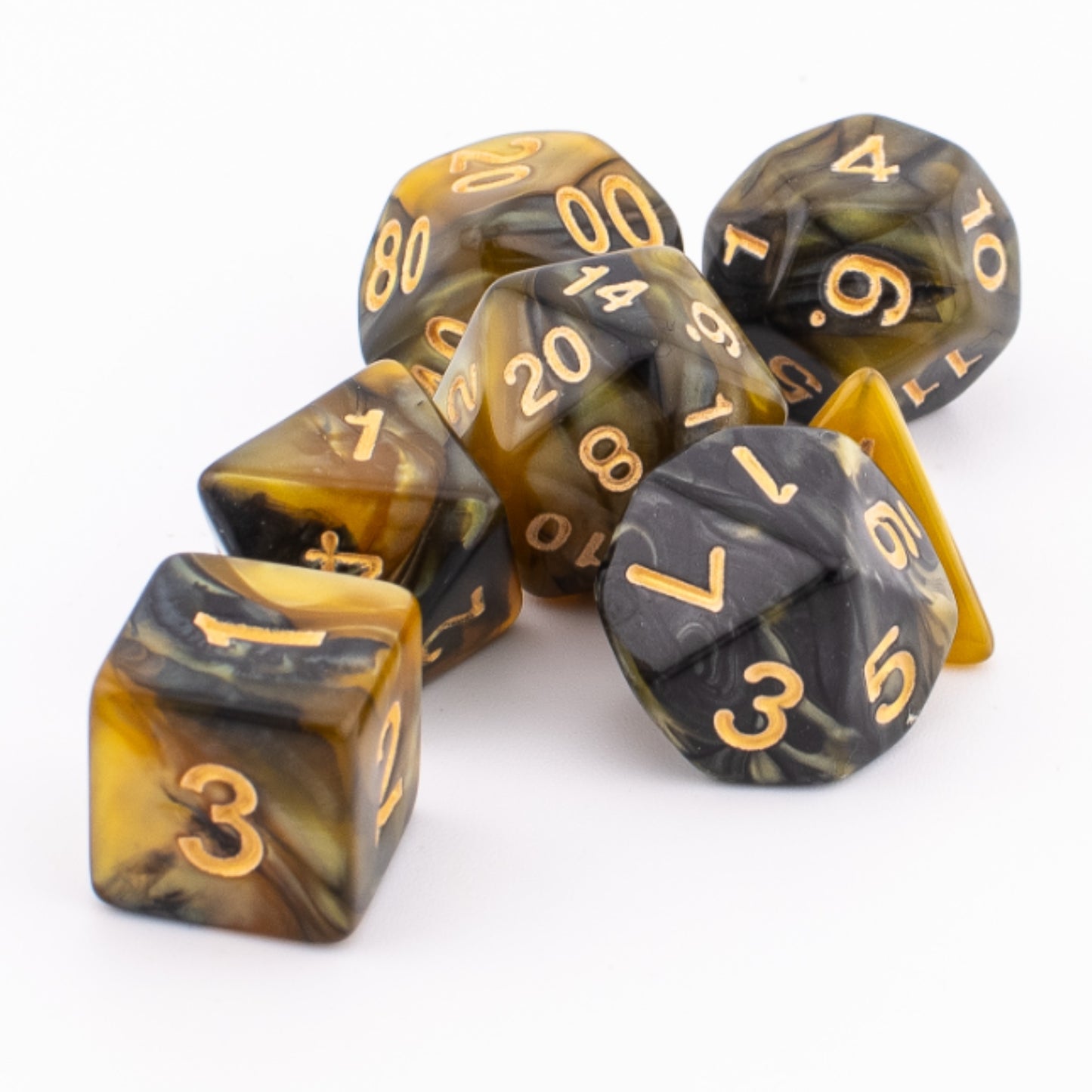 Clustered Venomous Sting acrylic dice showing black, yellow, and brown marbled swirls.