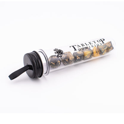 Venomous Sting acrylic dice set displayed inside a Tabletop Dominion dice tube.