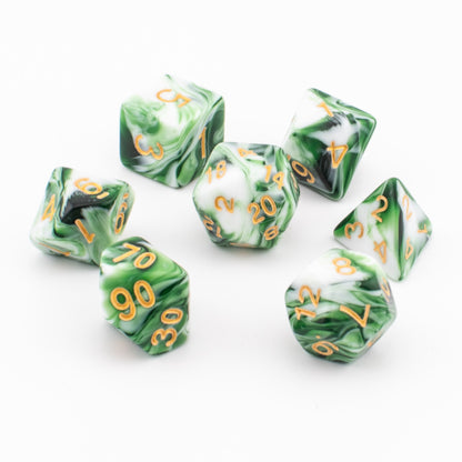 Green and white Forest Sprout acrylic dice arranged on a white background.