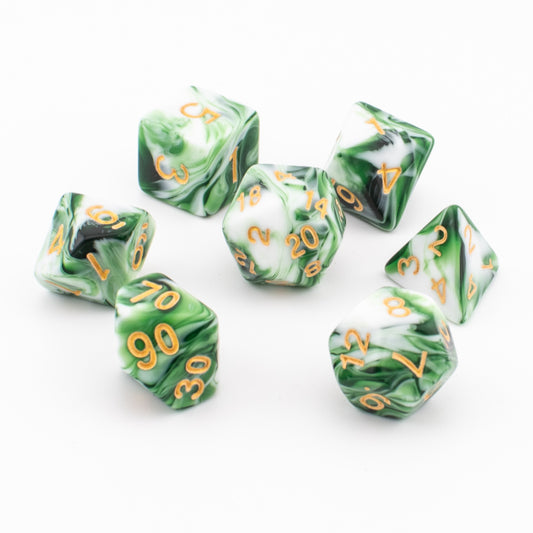 Green and white Forest Sprout acrylic dice arranged on a white background.
