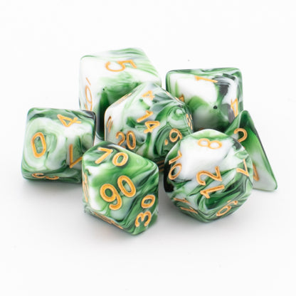 Clustered Forest Sprout acrylic dice with dark green, white, and gold numbering.