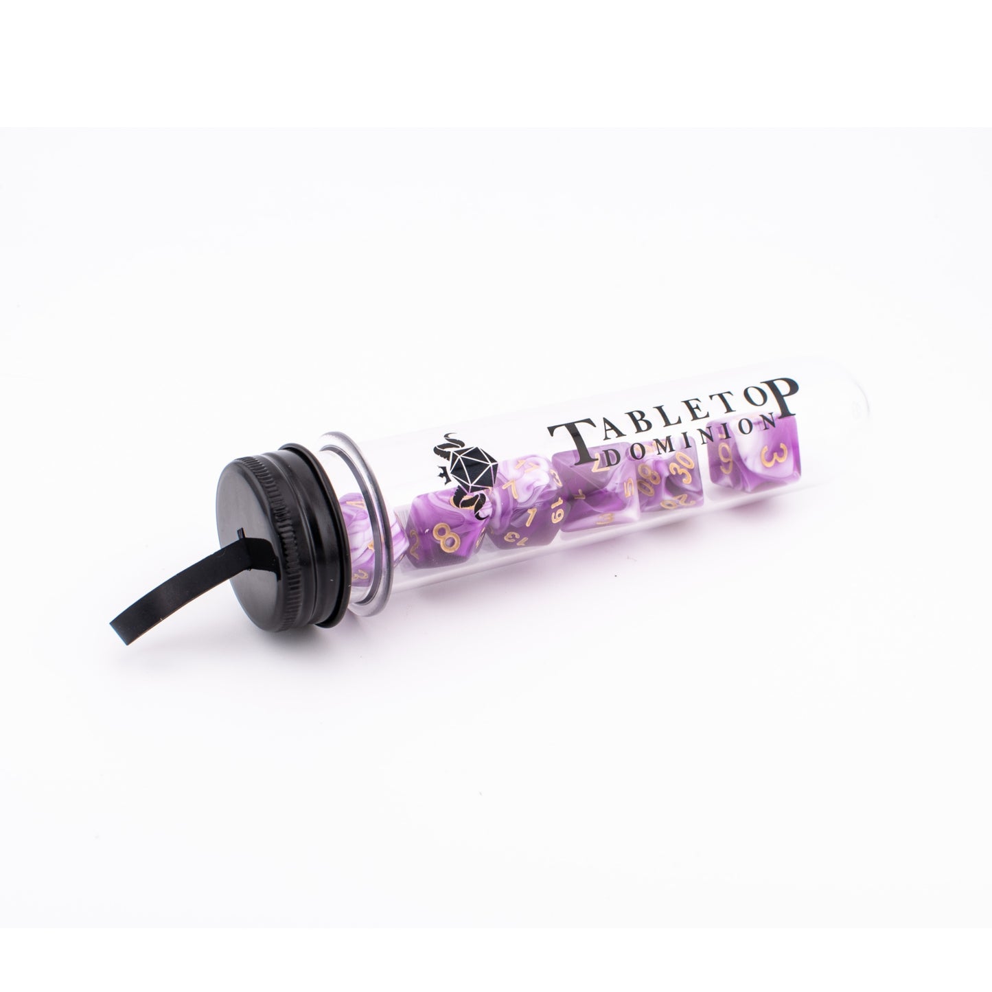 Celestial Whisper acrylic dice displayed inside a Tabletop Dominion dice tube.