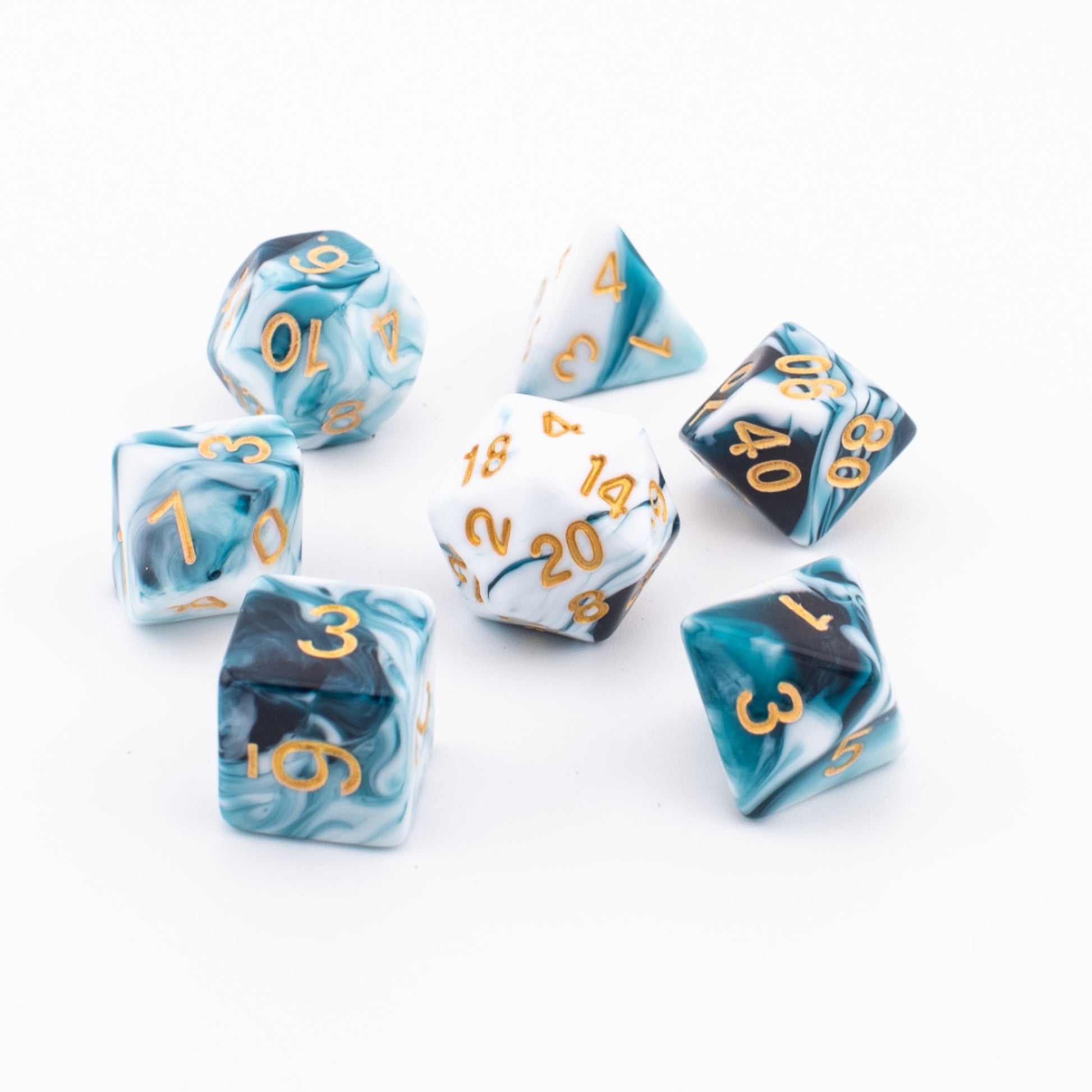 Whispering Depths soft‑edge acrylic dice arranged on a white background.