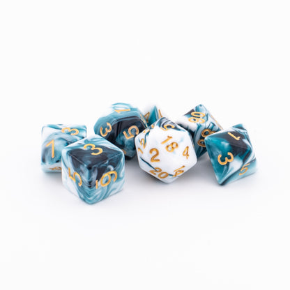 Clustered Whispering Depths acrylic dice with blue‑and‑white tide‑like swirls.