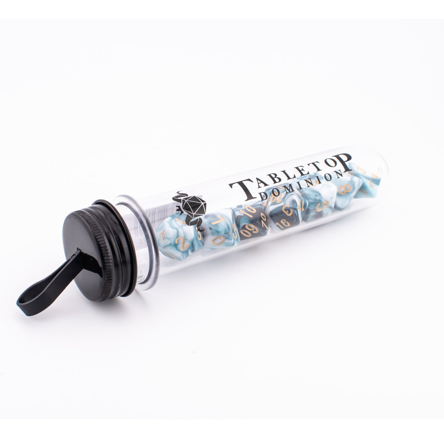 Whispering Depths acrylic dice displayed inside a Tabletop Dominion dice tube.