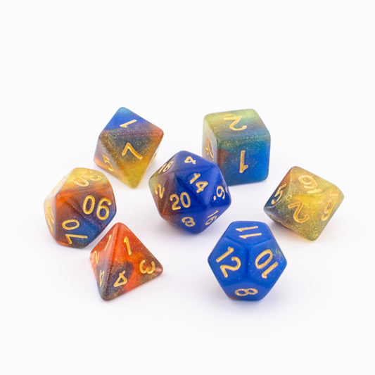 Multicoloured Starlight Cascade soft‑edge acrylic dice arranged on a white background.
