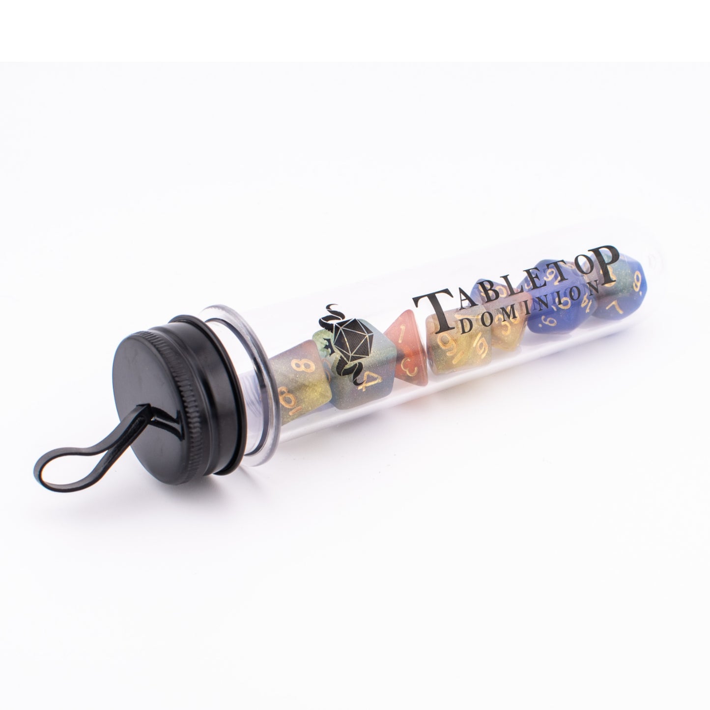 Starlight Cascade acrylic dice displayed inside a Tabletop Dominion dice tube.