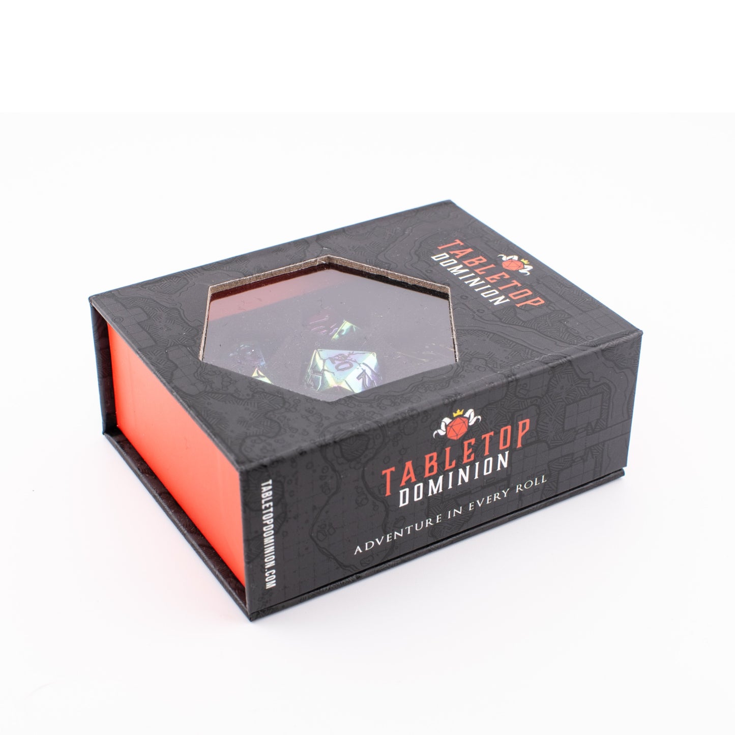 Tabletop Dominion Synthwave Nexus metal dice set in a closed display box with iridescent dice visible through the top window.