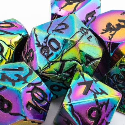 Tabletop Dominion Synthwave Nexus metal dice shown in a close‑up arrangement with an iridescent rainbow finish and black numbering.